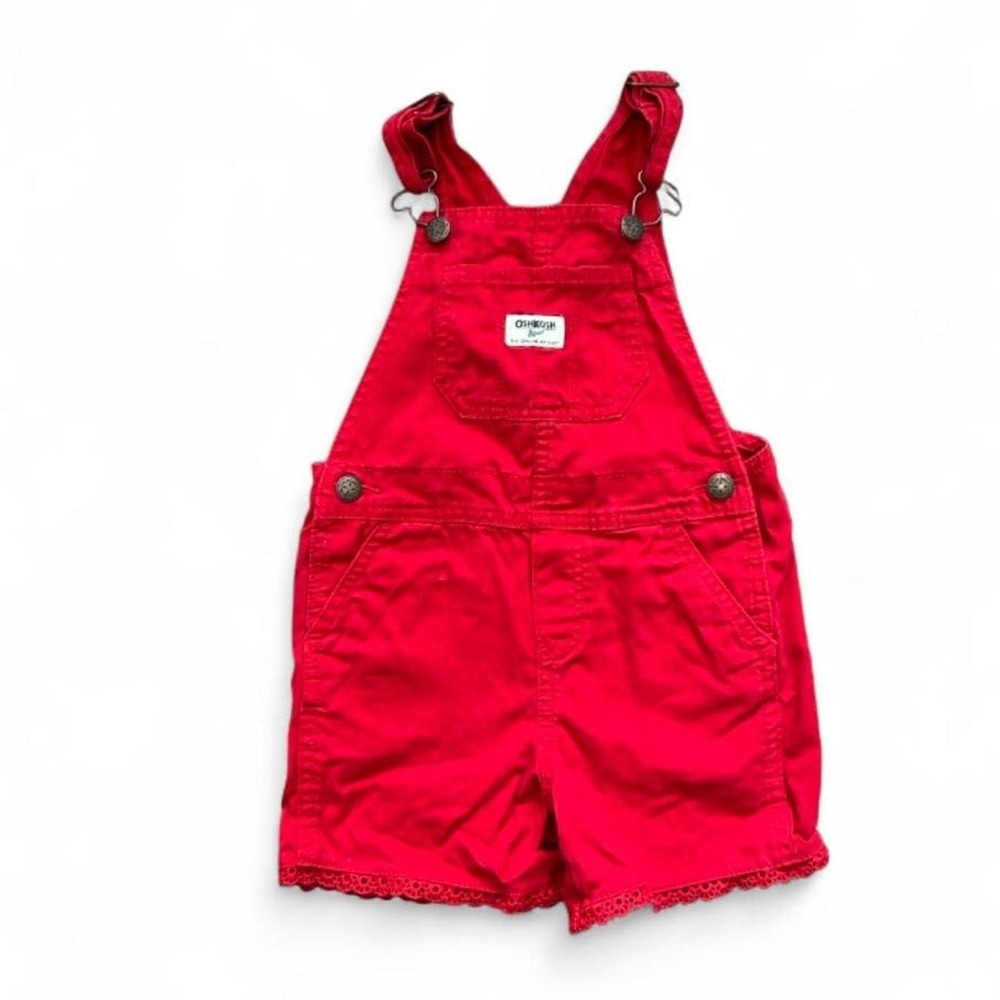 Oshkosh B'Gosh Girls Red Short Overalls w/ Eyelet Lace Trim Size 4T
